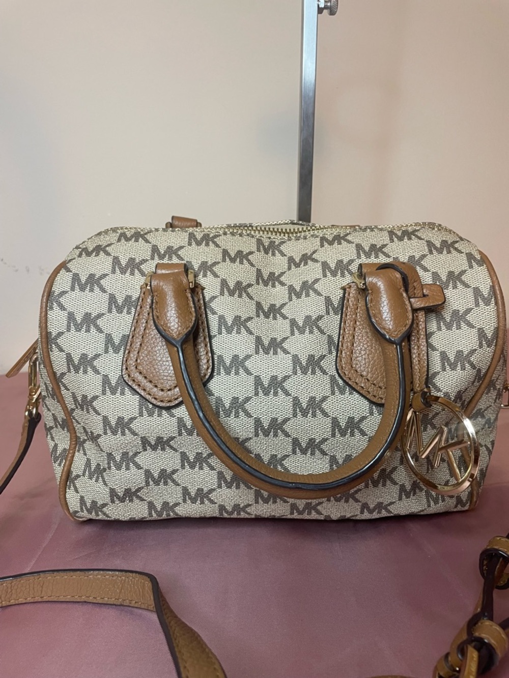 Authentic Michael Kors Purse  #070NC Aria monogram small satchel brown and beige